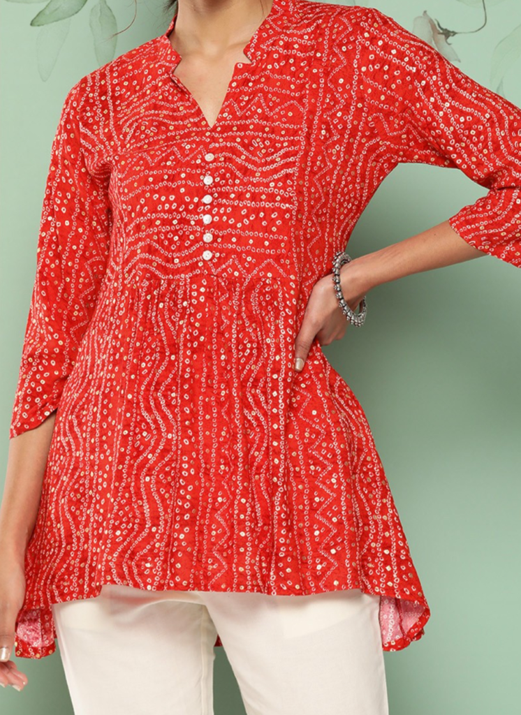 Red V-neck short kurti for women