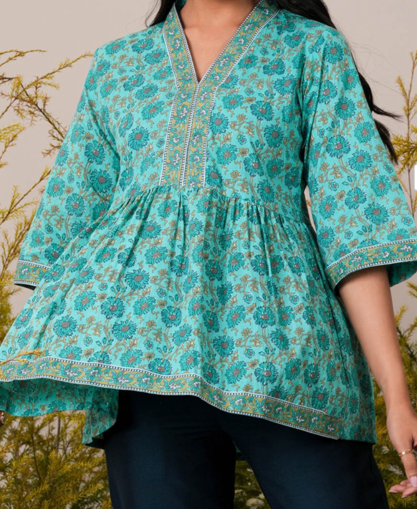 Blue V-neck short kurti for women