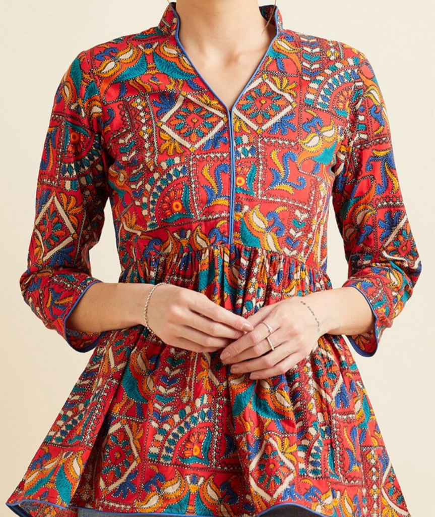 Red V-neck rajasthani print short kurti for women