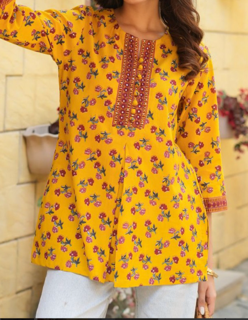 Yellow floral print short kurti for women