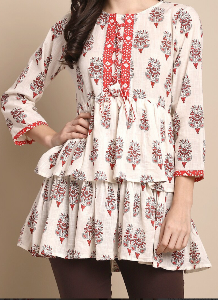 White A-line floral print short kurti for women