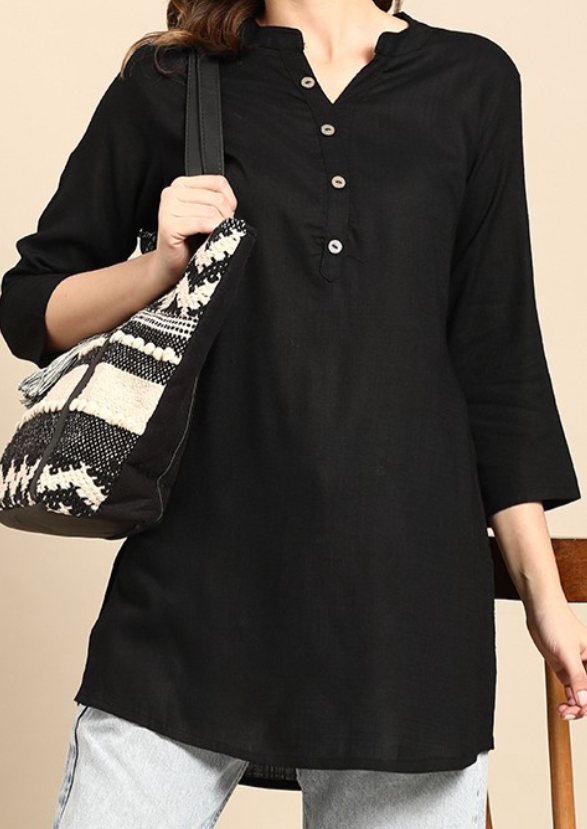 Plain black buttoned short kurta for women